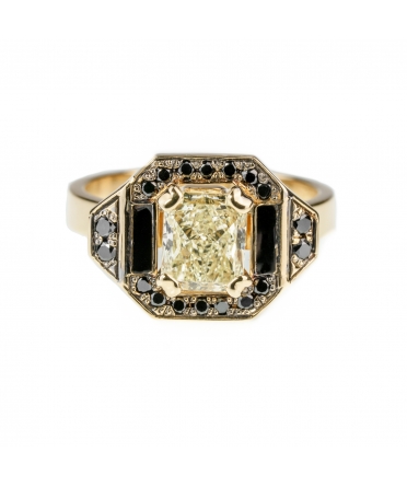Złoty pierścionek z żółtym diamentem i emalią - 1