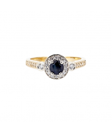 Gold ring with sapphire and diamond halo - 1