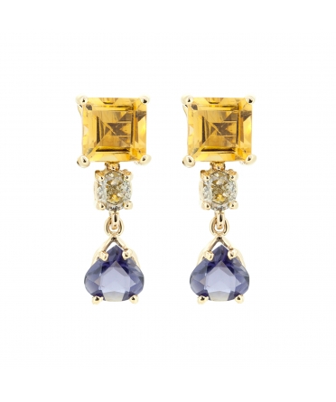 Gold stud earrings with diamond citrine and iolite - 1