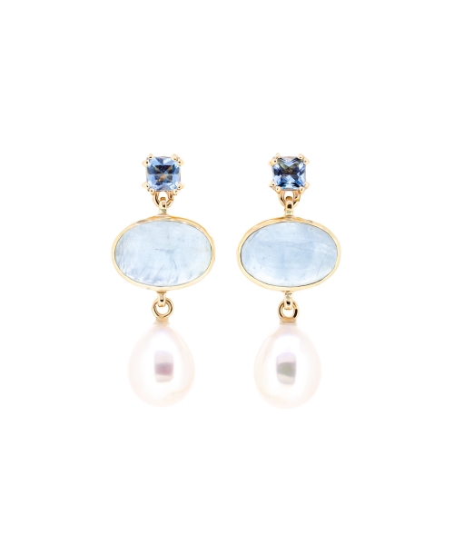 Gold stud earrings with aquamarine and pearls - 1