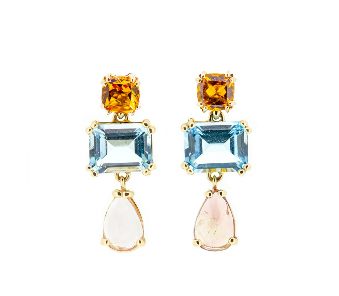Gold stud earrings with citrines topaz and tourmaline - 1