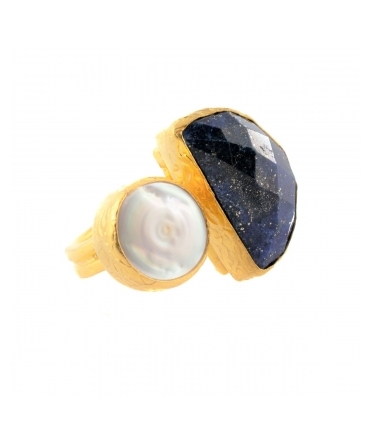 Goldplated bronze ring with pearl and lapis lazuli - 1