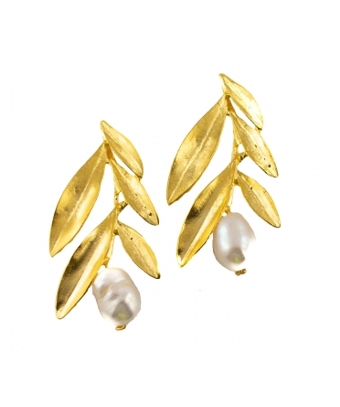 Goldplated bronze earrings with pearls and floral motif - 1
