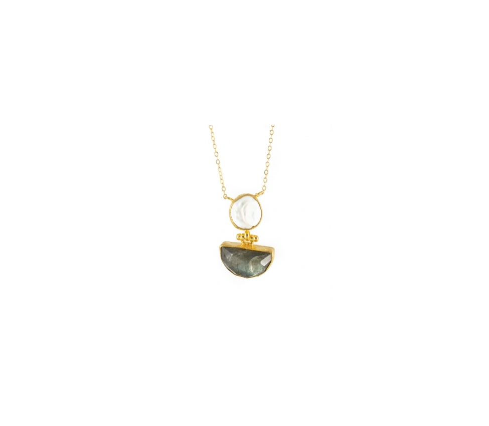 Goldplated bronze necklace with pearld and labradorite - 1