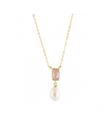 Goldplated bronze necklace with pearl and rose quartz - 1