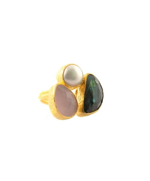 Goldplated bronze ring with pearl, labradorite and rose quartz - 1