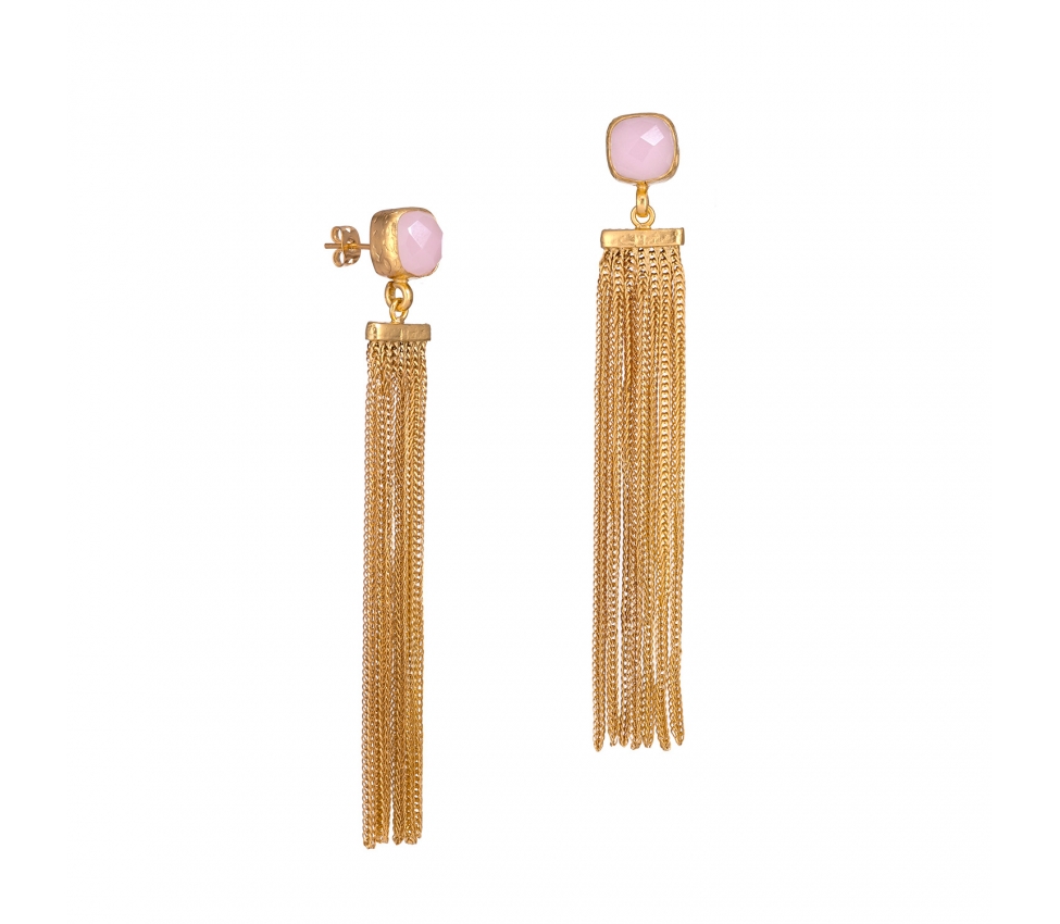 Goldplated long bronze earrings with rose quartz - 1