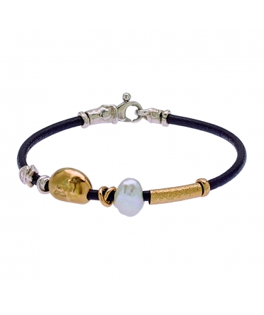 Leather bracelet with pearl and handmade gold and silver elements - 1