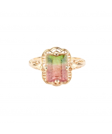 Gold ring with watermelon tourmaline in retro setting - 1