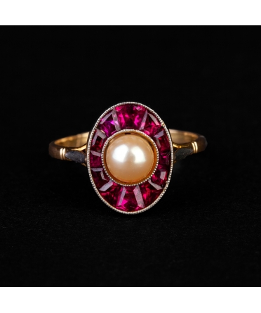 Złoty pierścionek z perłą i rubinami, Art Deco - 1