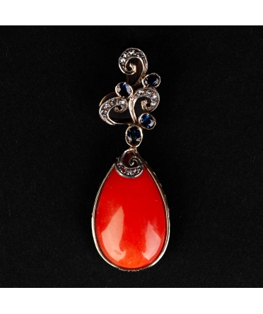 Gold vintage pendant with coral sapphires and diamonds - 1