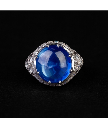 Platynowy pierścionek z szafirem ze Sri Lanki i diamentami, Art Deco - 1