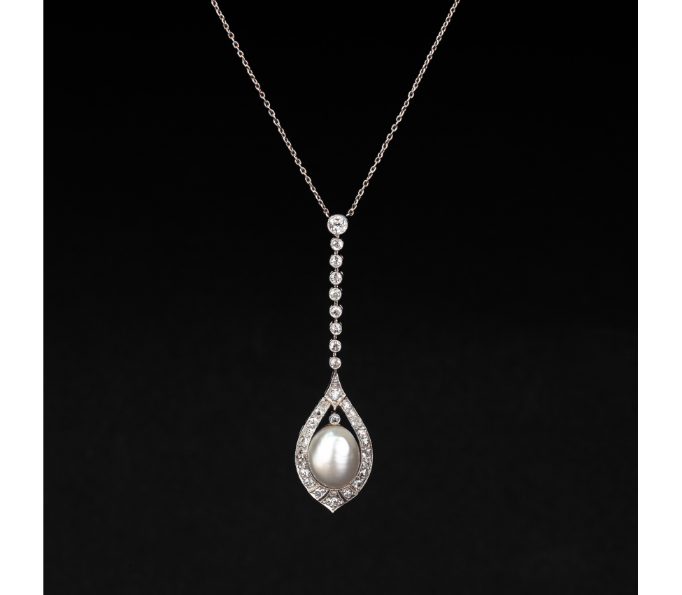 Platinum Art Deco necklace with white pearl and diamonds, Paris - 1