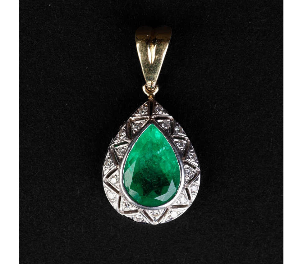 Gold vintage pendant with diamonds and emeralds, Art Deco stylized - 1