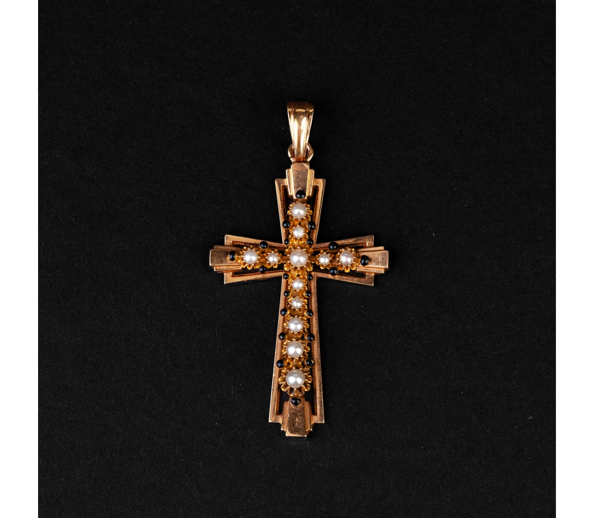 Gold cross pendant with pearls and black enamel, Art Deco, Paris - 1
