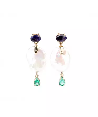 Gold earrings with fireball pearls, iolites and emeralds - 1