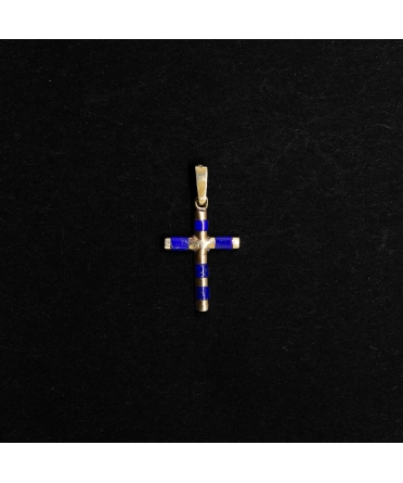 Złoty krzyżyk vintage z niebieską emalią - 1