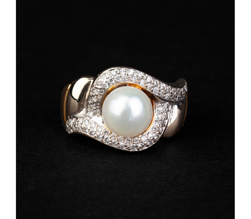 Pearl and diamond gold vintage ring - 1