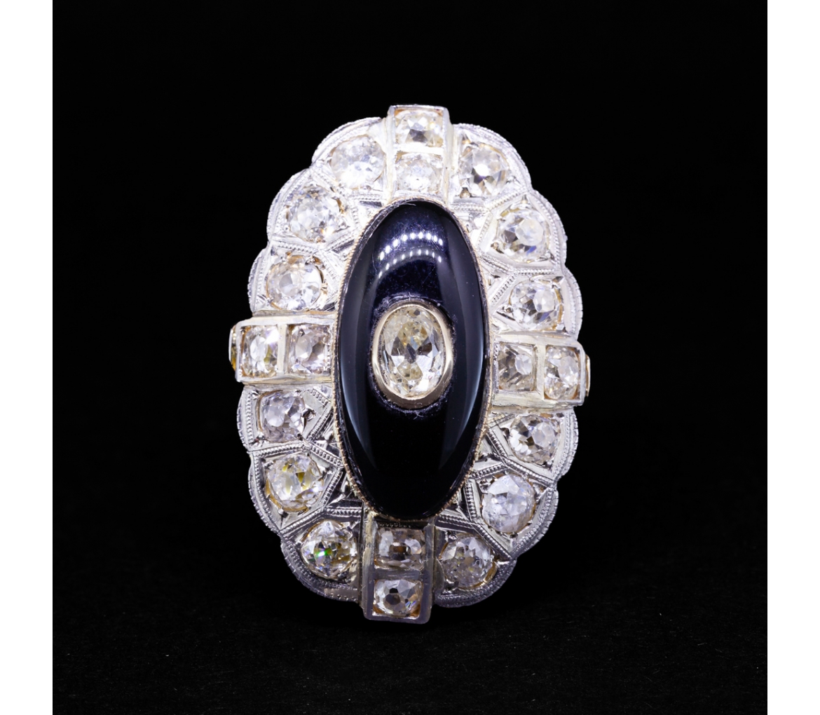 Złoto-platynowy pierścionek z onyksem i diamentami, vintage - 2
