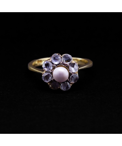 Złoty pierścionek z perłą i rozetami diamentowymi, vintage - 1