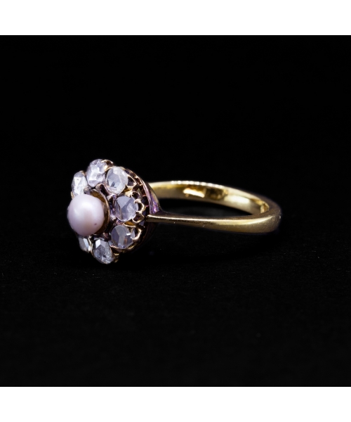 Złoty pierścionek z perłą i rozetami diamentowymi, vintage - 2