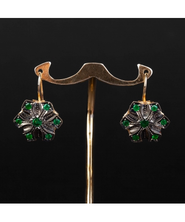 Gold emerald flower earrings kidney wire clasp - 1