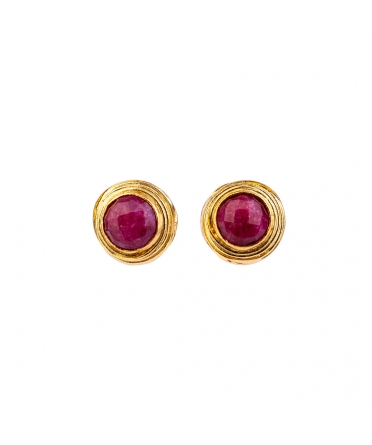 Goldplated bronze earrings with red jade - 1