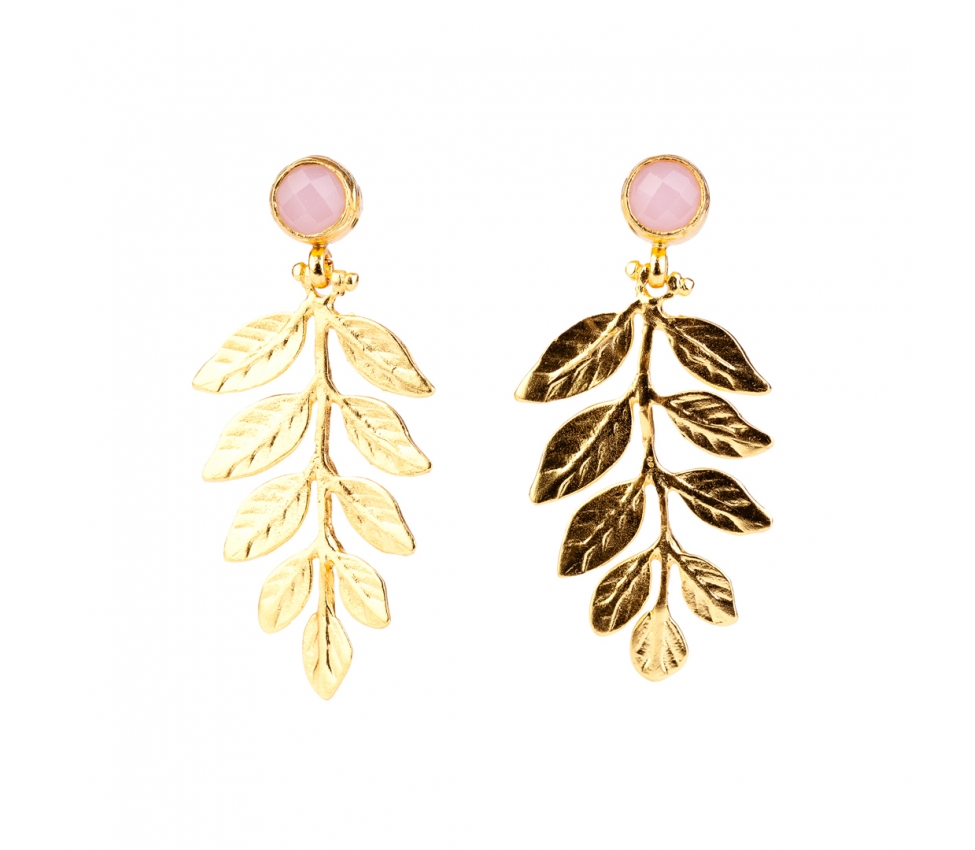 Goldplated bronze twig earrings with rose quartz - 1